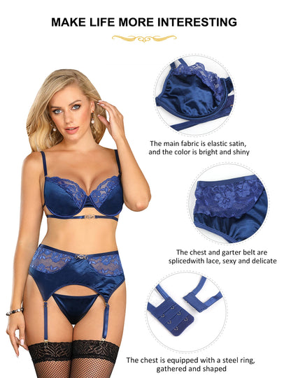 Comeondear Delicate Lace Stitching Exquisite Metal Buckle Bra Set And Garter Belt Panty Erotic Lingerie Hot Underwear Two Pieces