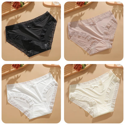 4Pcs Ice Silk Lace Panties Seamless Soild Underwear For Women Sexy Ultra-thin Breathable Briefs Girls Soft Transparent Lingerie