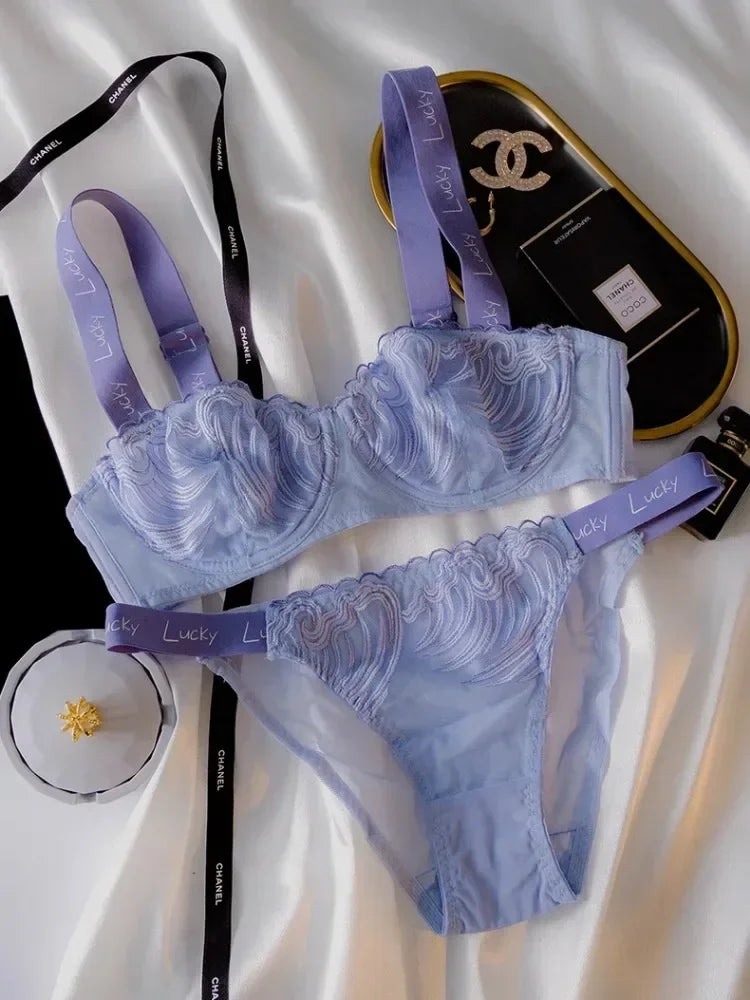 MOYISU French Lucky Blue Lace Bra & Panty Set - Sheer Half Cup Bralette, Ultra Thin Sexy Lingerie for Women, Romantic Underwear