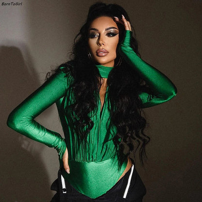 BornToGirl Sexy Slim Bodysuit Women Elegant Black Red Green Long Sleeve V Neck One Pieces Bodysuits Jumpsuit Tops Body Suit Y2K