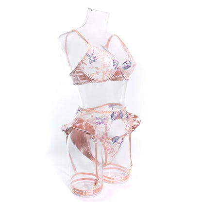 Sensual Women Lingerie Fancy Floral Sheen Silk Underwear Transparent Garter Exotic Sets Fairy Luxury Intimate Goods
