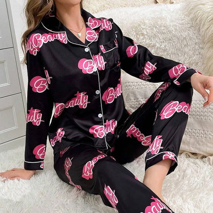 Cute Cat Print Pajama for Women Satin Long Sleeve Lapel Collar Tops & Pants Pyjama Loungewear for Fall Ladies Sleepwear Pj Sets