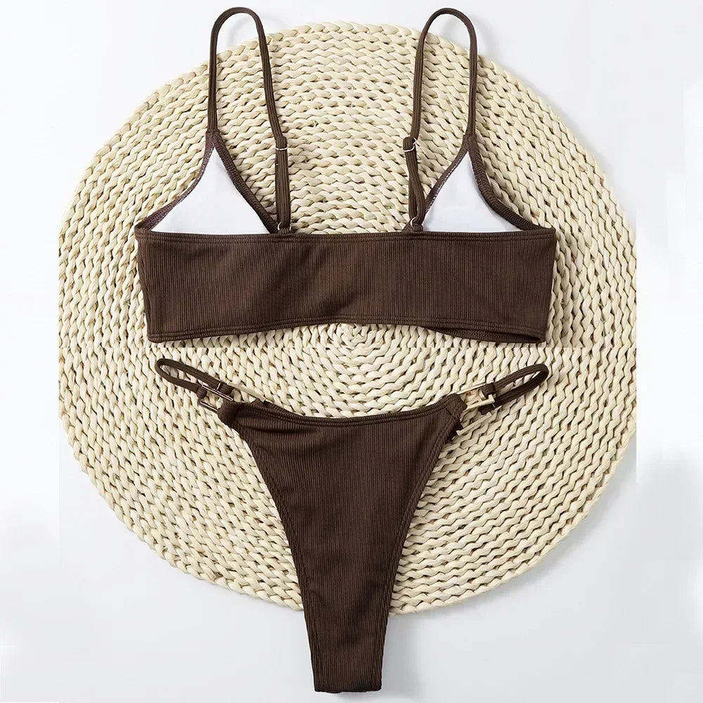 Sexy Brown Ribbed Swimwear 2026 Micro Thong Bikinis Sets Women Metal Ring Swimsuits String Bathing Suit Bikini Bathers Biquinis