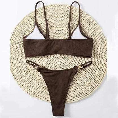 Sexy Brown Ribbed Swimwear 2026 Micro Thong Bikinis Sets Women Metal Ring Swimsuits String Bathing Suit Bikini Bathers Biquinis