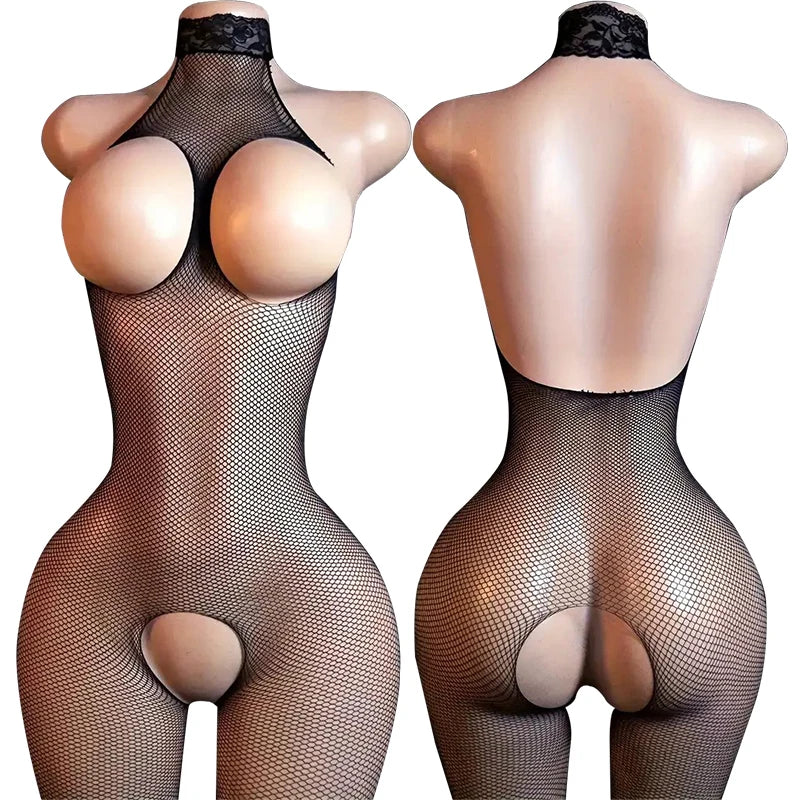 See Through Erotic Open Crotch Lingerie Women Mesh Hollow Bra Set Sexy Bodysuit Lace Rose Print Bodystockings Porn Underwear Set