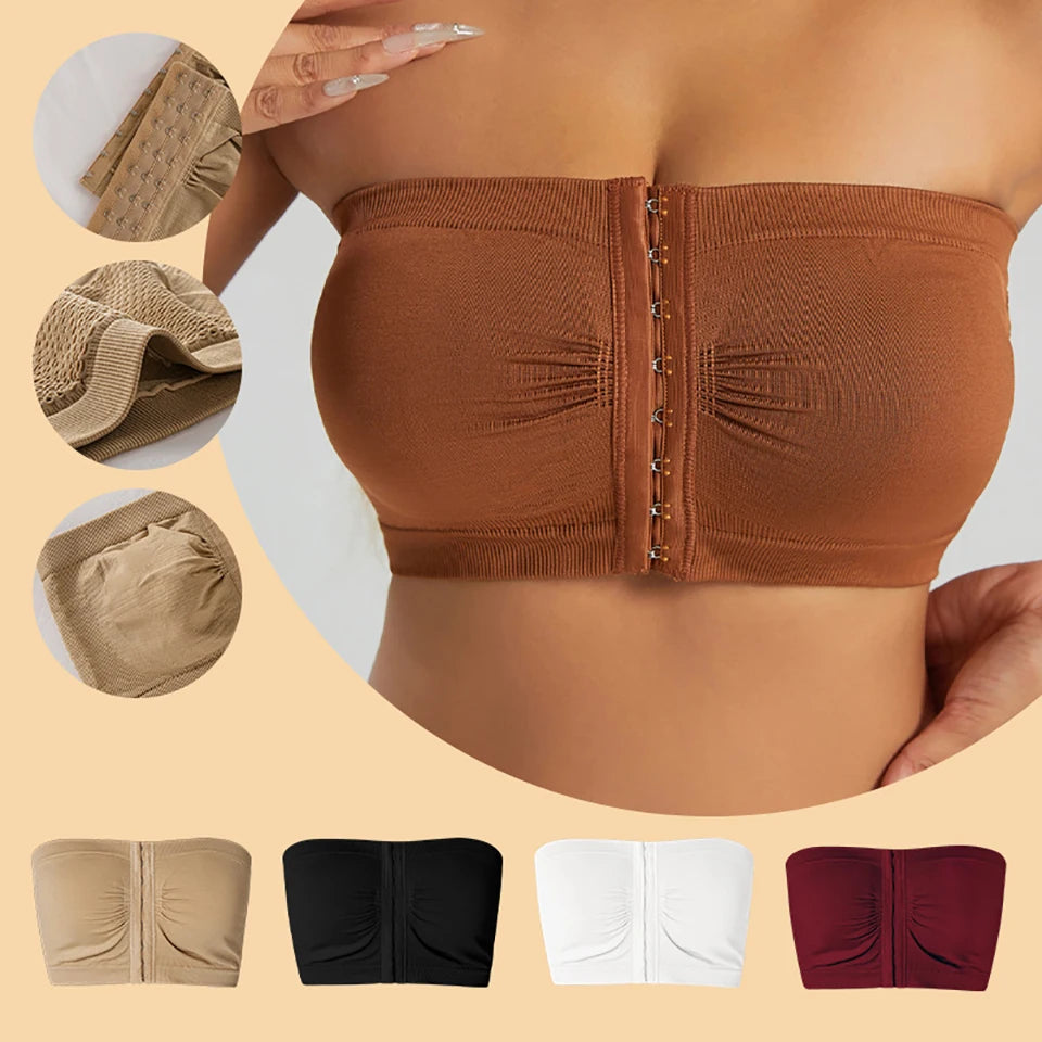 Women's Plus Size Strapless Bandeau Bra Seamless Bralettes Front Closure Padded Tube Top Push-Up Non-Slip No Show Bras