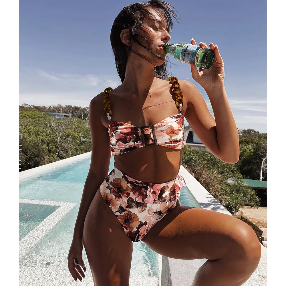Sexy High Waist Ruffles Bikinis Bandeau Swimwear Women 2025 New Ribbed Women's Swimsuits Bathing Suit Solid Brazilian biquini