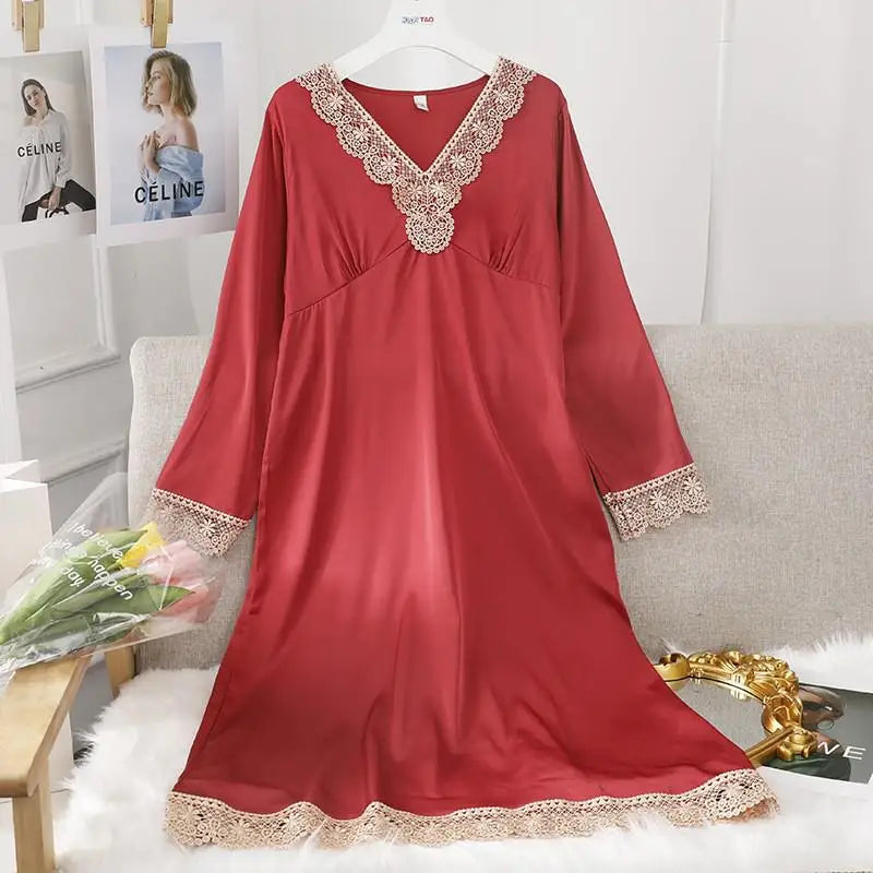 Female Long Nightdress Sexy Hollow Lace Sleepwear Home Dress Palace Style Princess Nightgown Nightwear Casual Satin Loungewear