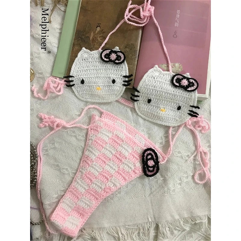 Sanrio Crochet Bikini Set Cute Girls Swimsuits Hello Kitty Sexy Bathing Suit Micro Ties Bikinis Beachwear Women Swimming Suit