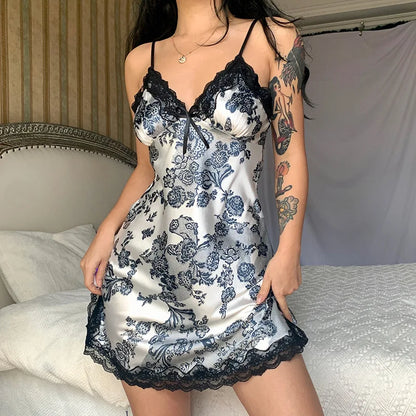 Sexy Hollow Out Lace Strap Nightgown Women Sleepwear Embroidery Flower Robe Silky Satin Nightdress Home Wear Intimate Lingerie