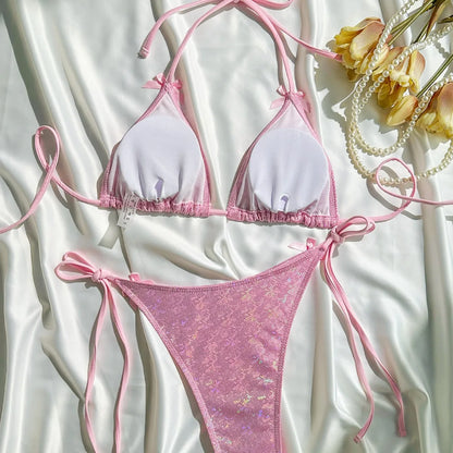 Shiny Pink Micro Bikini Set Mujer Women Sexy Push Up Thong Swimsuit Summer Bathing Suit Bandage Holiday Swimwear Women Biquine