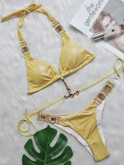 2025 Shiny Rhinestone Diamond Bikini Women Swimsuit Female Swimwear Two Pieces Bikini Set Halter Metal Chains Bathing Suit Swim