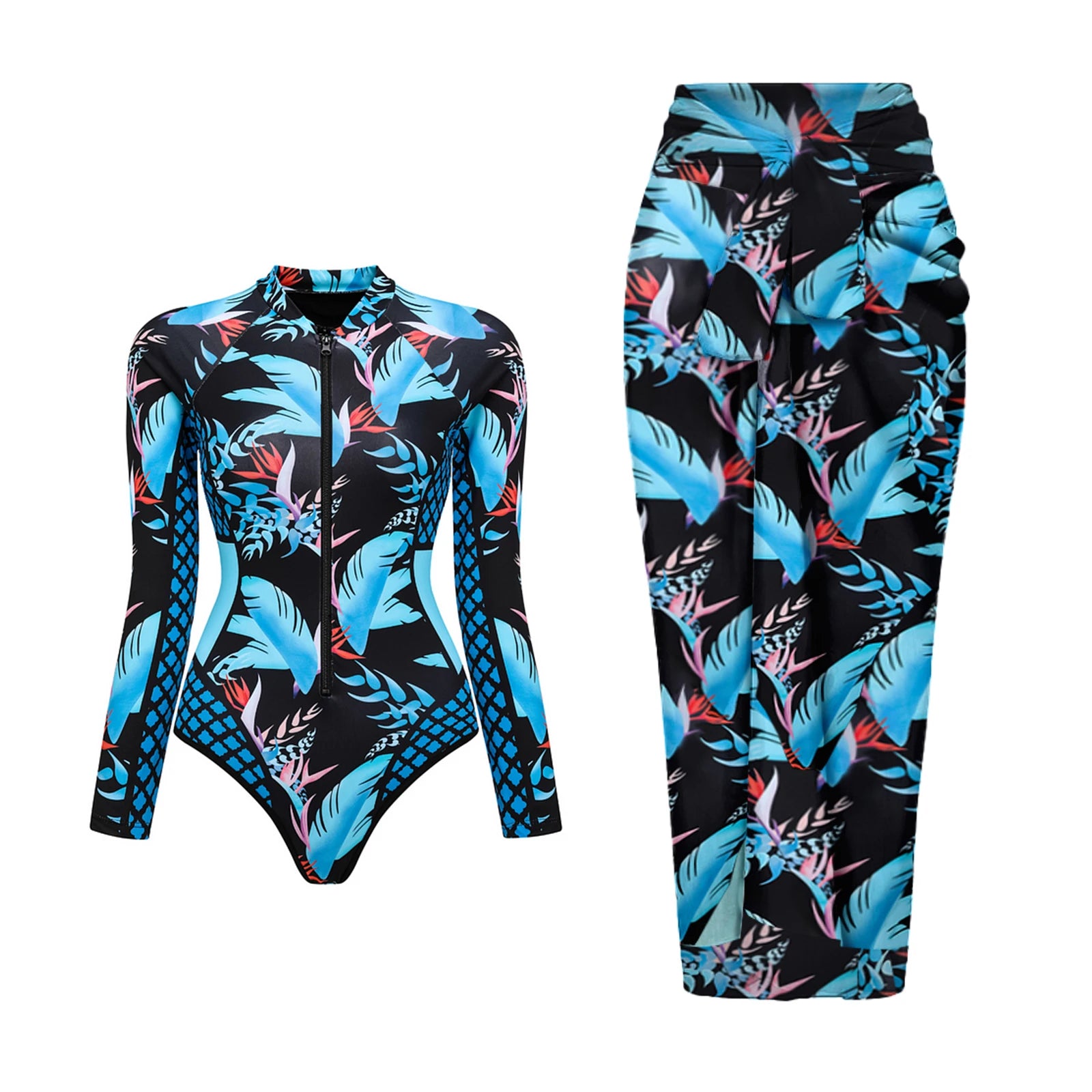 One Piece Swimsuit Long Sleeve Zip Front Blue White One Piece Surf Swimsuit and Sarong Swimwear Slimming Bathing Suit Beach Wear