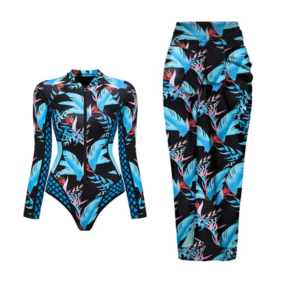 One Piece Swimsuit Long Sleeve Zip Front Blue White One Piece Surf Swimsuit and Sarong Swimwear Slimming Bathing Suit Beach Wear