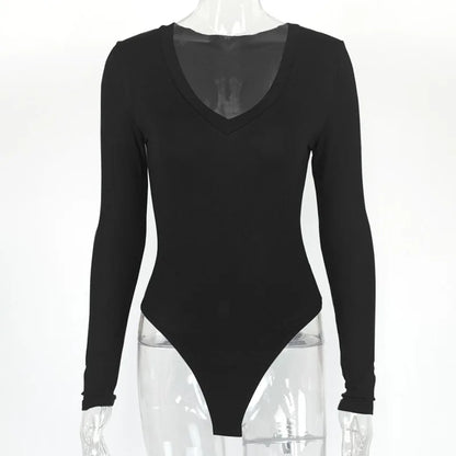 Sexy Solid Black White Bodysuit Women's V Neck Long Sleeve Slim Bodycon One Piece Jumpsuit Top