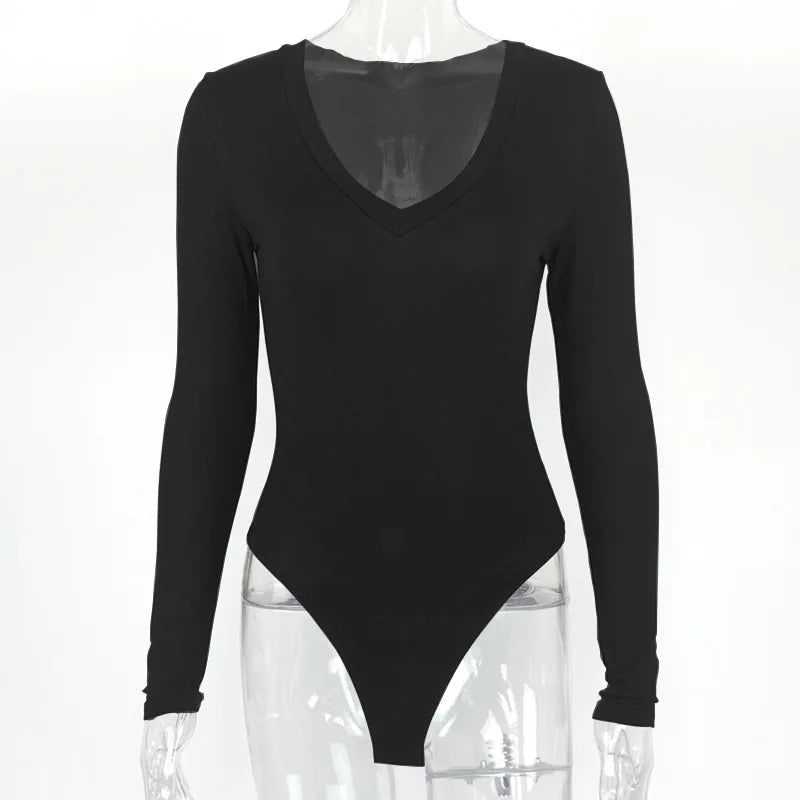Sexy Solid Black White Bodysuit Women's V Neck Long Sleeve Slim Bodycon One Piece Jumpsuit Top