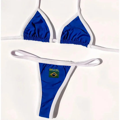 2026 Fashion Embroidery Brasil Flag Contrast Split Bikini Set Women Swimwear Patchwork Swimsuit Hottie Outfit SummerBeachwear
