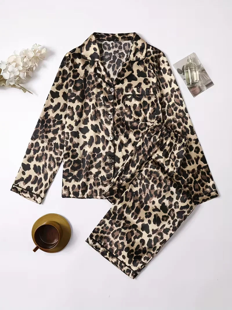 Leopard Print Pajamas Set for Women Autumn Winter Silk Satin Sleepwear Loose Casual Long Sleeve T-shirt and Trouser Suits