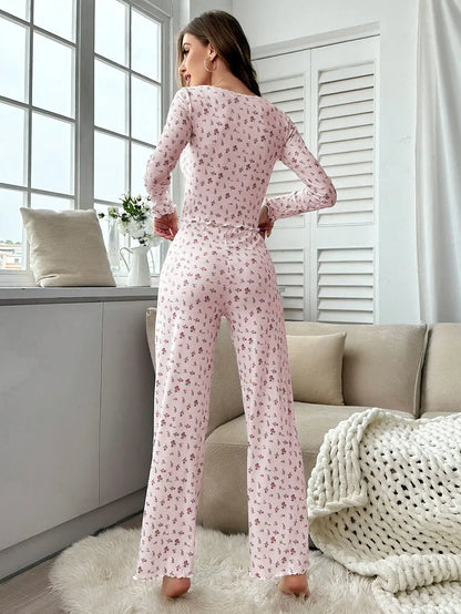 Women's Autumn/Winter Floral Long-Sleeve Pajama Set - Comfortable V-neck Ribbed Cotton Loungewear