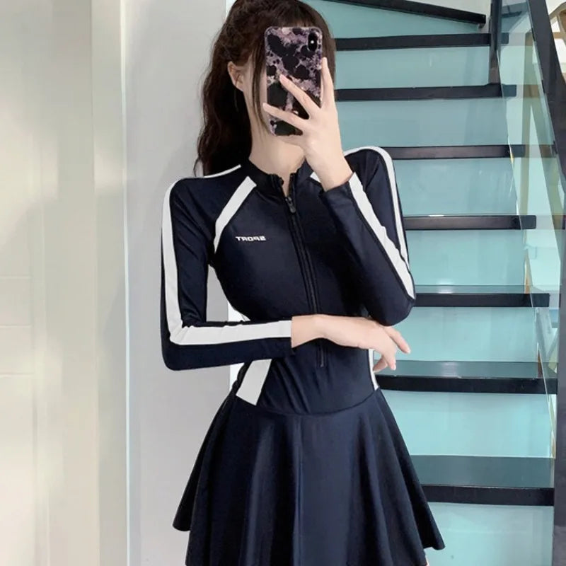 Athletic Long Sleeve One Piece Swimsuit Dress with Zipper Front Color Block Panel Tummy Control Swimwear for Beach Pool Training