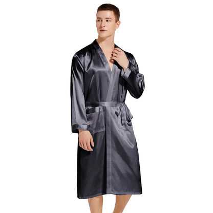 Summer New Men Solid Color Kimono Robe Satin Bathrobe Gown Summer New Sleepwear Loose Pijamas De Hombre Ice Silk Peignoir Homme