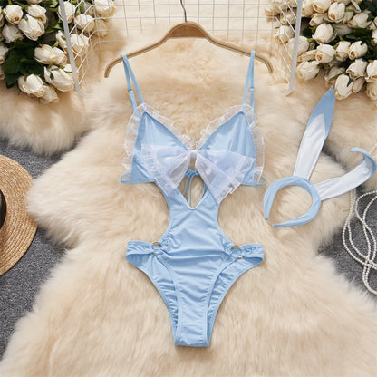 Women Strap Hollow Out Backless French Style Striped Erotic Playsuits Cosplay Slim Fit Underwear Black Lingerie Sexy Bodysuits