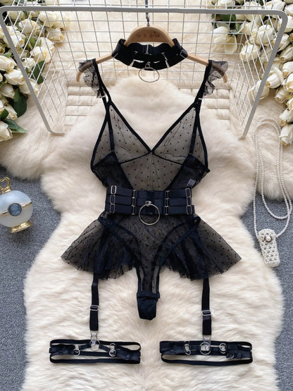 ssTss Ins trendy Girl Sexy Mesh Bottom Strap V-neck one-piece Top bodysuit women's Slimming Waist Ruffle Hemp Vest Jumpsuit