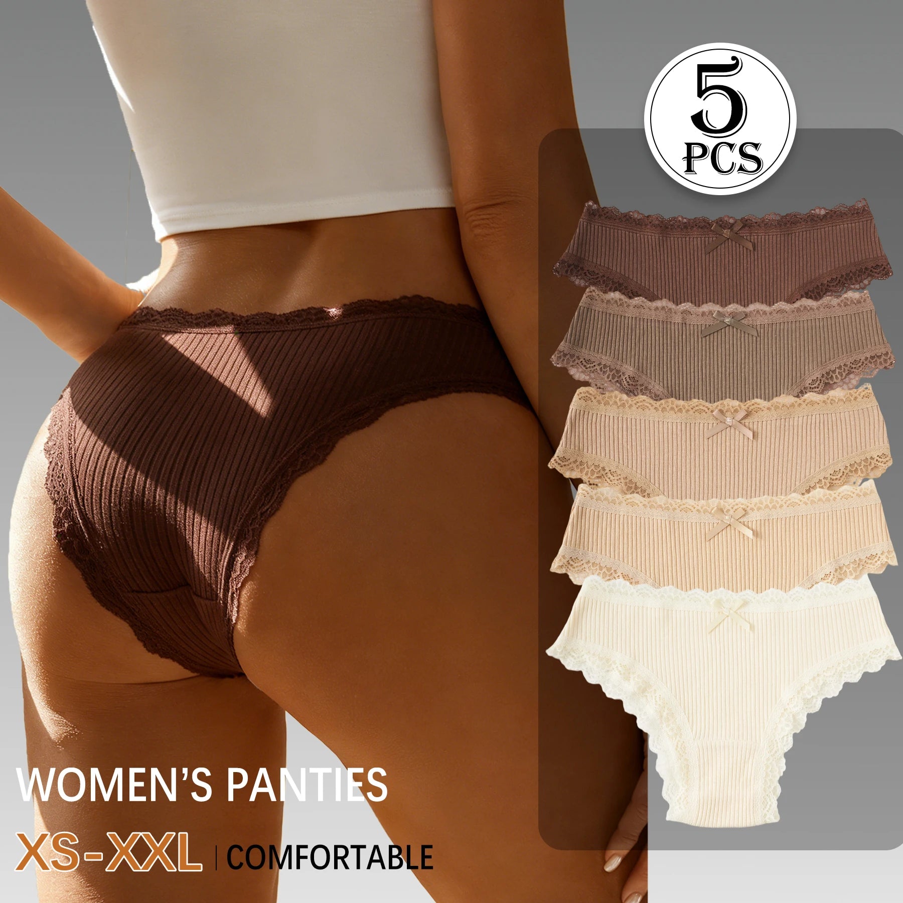 5PCS/Set Fashion Maillard Colored Women Underwear Lace Trim Low-Rise Sexy Briefs Soft Breathable Cotton Panties Bow Design Girls