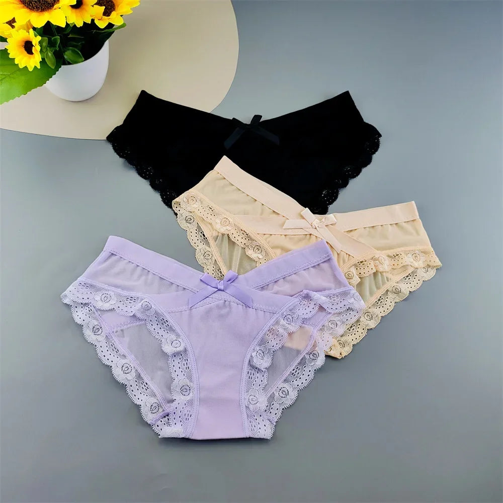 3 Pieces Hot Comfortable Mesh Briefs Women Sexy Seamless Lace Trim Underwear Cute Bow Ladies Breathable Briefs Plus Size
