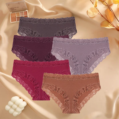 5PCS/Set Sexy Lace Cotton Panties for Women Flroal Lace Seamless Briefs Low Rise Lingerie Female Breathable Soft Underwear S-XL