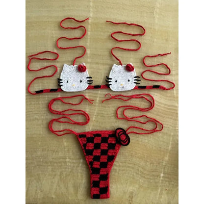 Sanrio Cute Bikini Set Crochet Girls Swimsuit Hello Kitty Sexy Bathing Suit Kwaii Women Swim Suit Bandage Micro Bikinis Swimwear