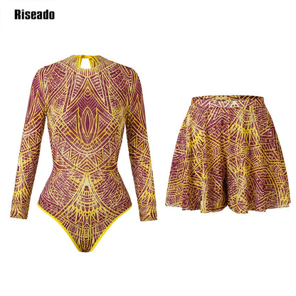 Riseado Mesh Swimsuit with Long Pants & Swimdress Long Sleeve Mesh Beachwear Sexy High Waist Bathing Suit Smart Beach Clothing