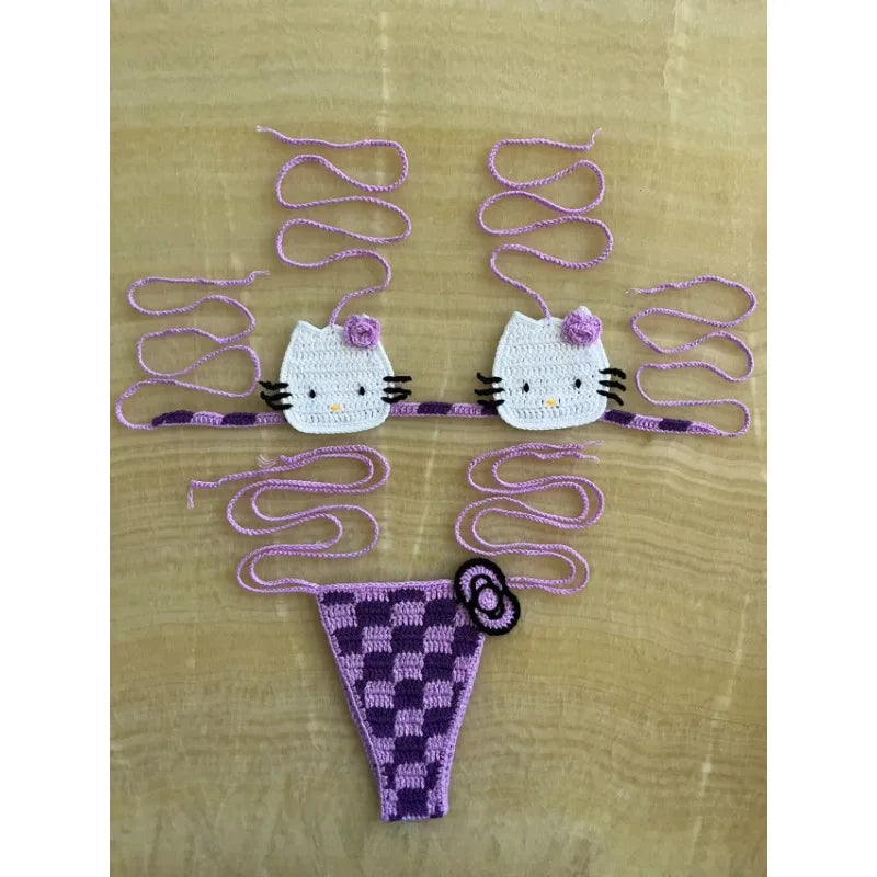 Sanrio Cute Bikini Set Crochet Girls Swimsuit Hello Kitty Sexy Bathing Suit Kwaii Women Swim Suit Bandage Micro Bikinis Swimwear