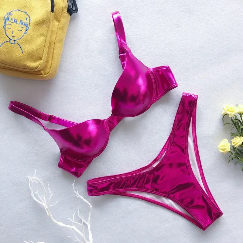 Metallic Summer Push Up Padded Bra Bathing Suit Beach Wear Women Sexy Thong Bikini Set Silver Gold  Biquini Swimwear