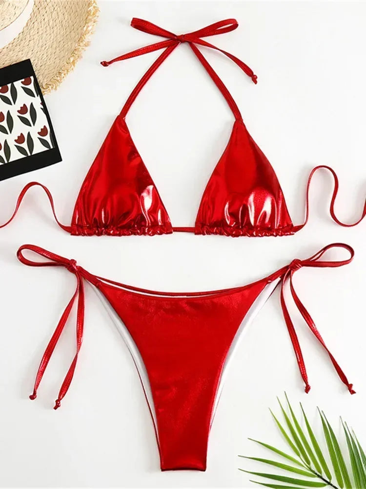 Sexy Brozing Gold Bikinis Sets Women Push Up Micro Bikini Swimsuit 2025 Brazilian Beach Bathing Suit Tie Side Triangle Swimwear