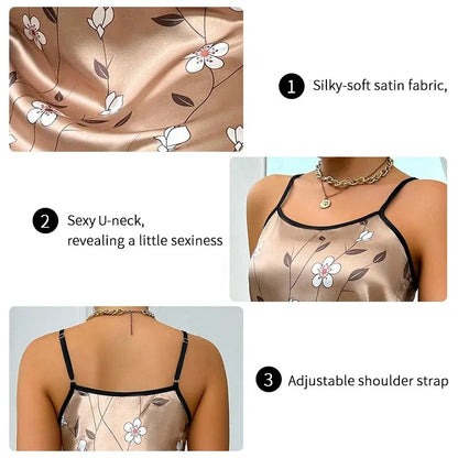 2026 Women Sleepdress Satin Floral Print Nightdress Comfortable Spaghetti Strap Sleepwear Dress Luxurious Satin Slip Nightdress