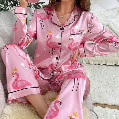 Cute Cat Print Pajama for Women Satin Long Sleeve Lapel Collar Tops & Pants Pyjama Loungewear for Fall Ladies Sleepwear Pj Sets