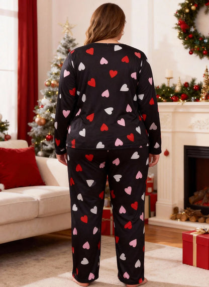 Autumn and winter plus-size women's Valentine's Day long-sleeved top with heart print + long pants pajamas home wear set