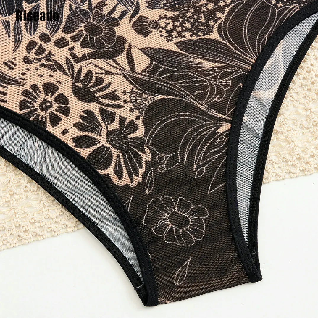 2025 New Trend Mesh Swimwear Women's Sheer Sexy High Waist Surfing One Piece Suit with Pants & Skirt Swimdress Smart Woman