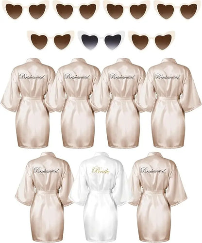 7 Pcs Bride Bridesmaid Robe Sets for Wedding Bridal Party Satin Robes Maid of Honor Robe with Heart Shaped Sunglasses