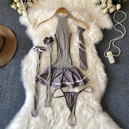Women Strap Hollow Out Backless French Style Striped Erotic Playsuits Cosplay Slim Fit Underwear Black Lingerie Sexy Bodysuits