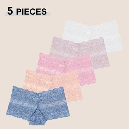 5Pcs/Set Sexy Lace Perspective Panties Solid Color Hollow Out High Waist Star Boyshort Female Elastic Transparents Boxer Shorts