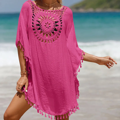 Holiday Knitting Crochet Beach Short Cover Ups Dress Splicing Solid Color Beachwear Small Tassel Sunscreen Sexy Beach Smock