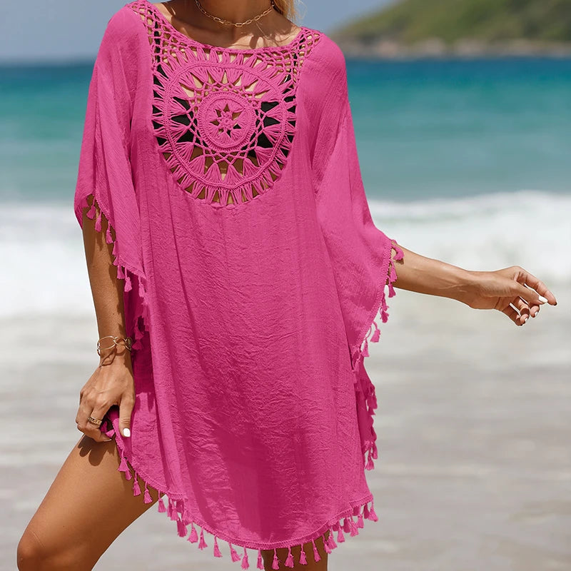 Holiday Knitting Crochet Beach Short Cover Ups Dress Splicing Solid Color Beachwear Small Tassel Sunscreen Sexy Beach Smock
