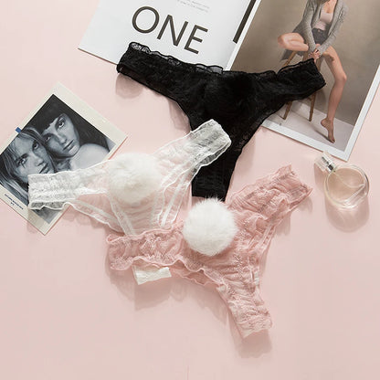 Women Lace Mesh Cotton Thongs Panties Sexy Rabbit Tail Waist Female Underpants Pantys Lingerie Vintage Lingerie for Women