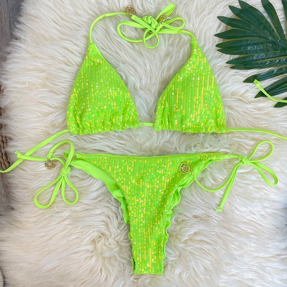 Melphieer Swim 2pcs Women's Summer Beach Holiday Ruching Bum Sequins Sparkle Glitter Plain Halter Strap Bikini Swimwear Set