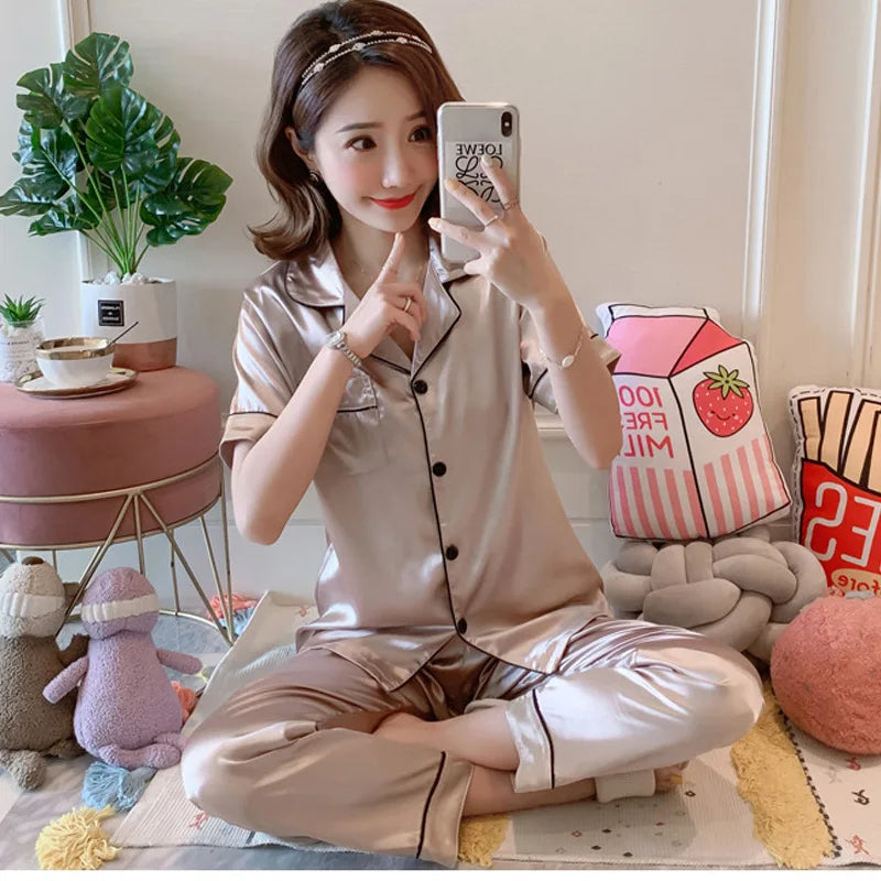 Womens Silk Satin Pajamas Pyjamas Set Long Sleeve Sleepwear Pijama Pajamas Suit Female Sleep Two Piece Set Loungewear Plus Size