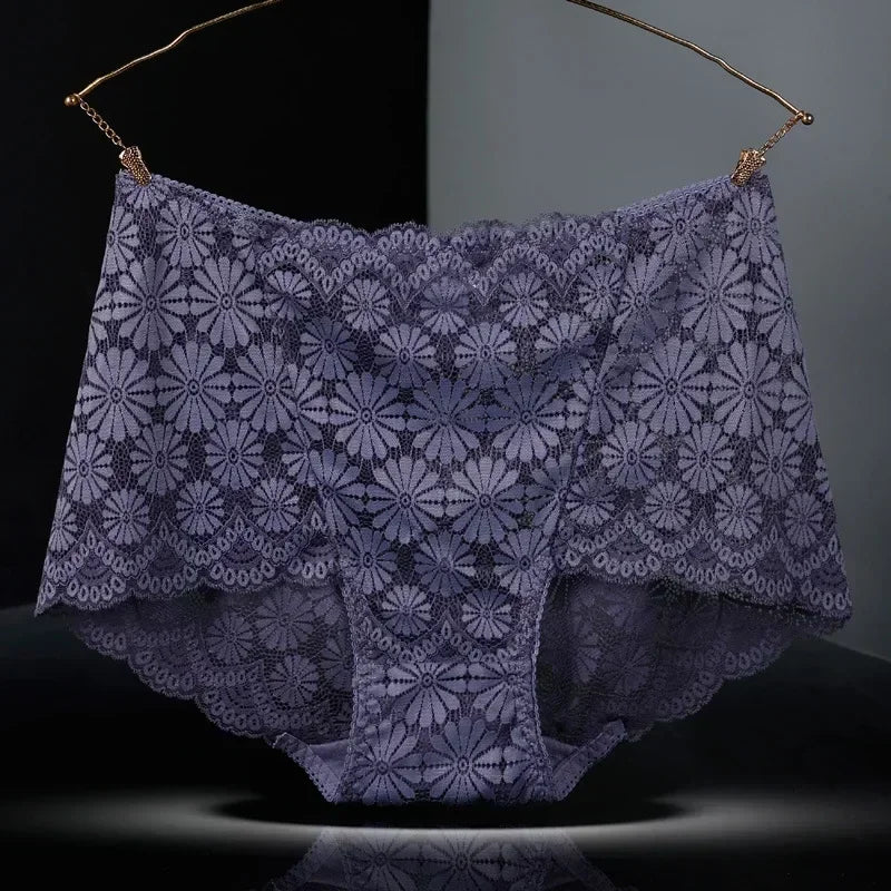 1Pc Fashion Women High Waist Plus Size Panties Lace Mesh Floral Transparent Briefs Underwear Solid Seamless Underpants Lingerie