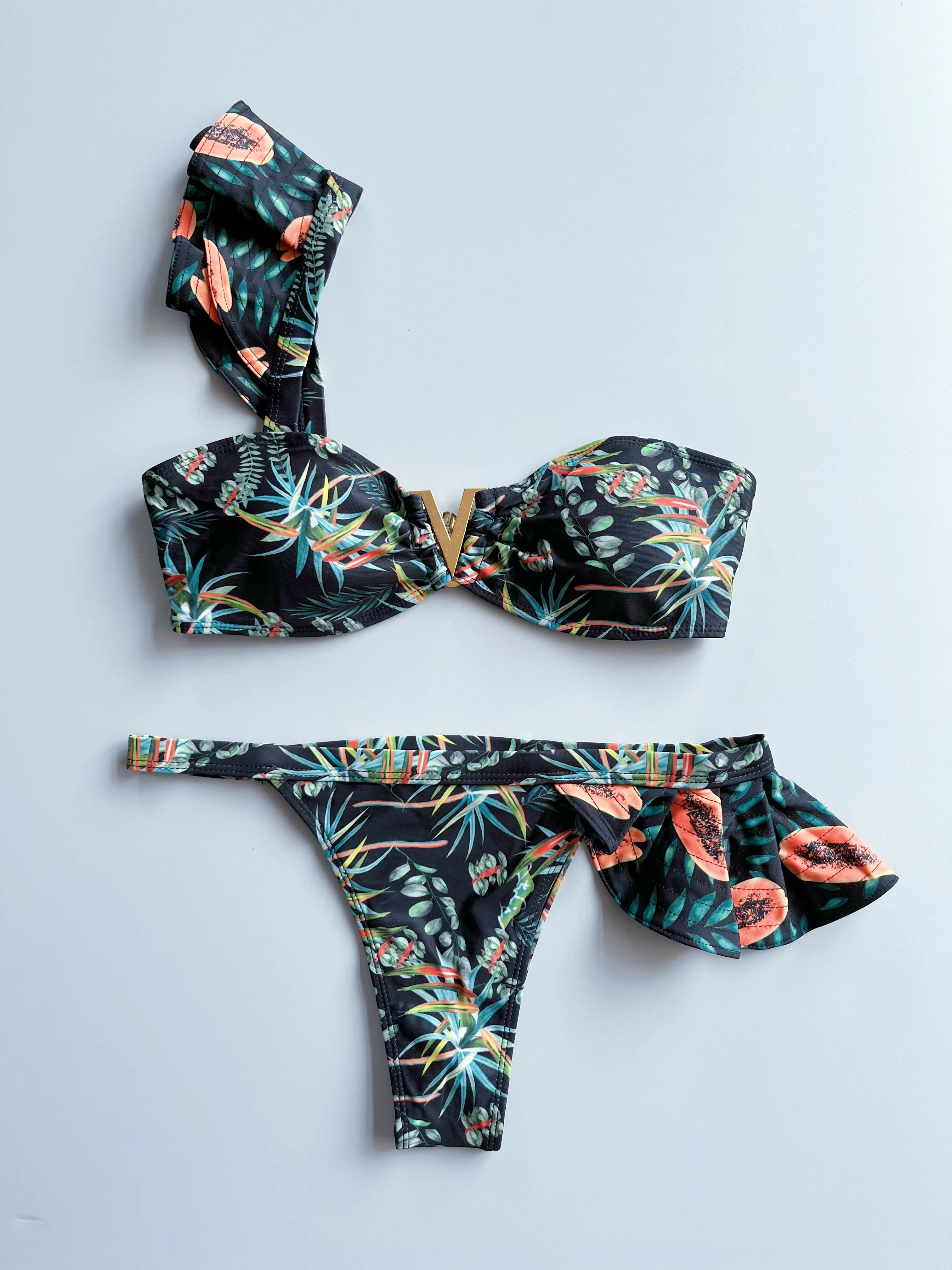 Two-Pieces Women Floral 2025 Push-Up Strappy Ruffles Bandage Bikini Set Swimsuit Swimwear Bathing Suit Beachwear Biquini