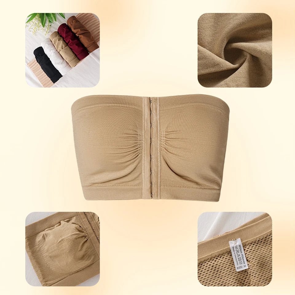 Women's Plus Size Strapless Bandeau Bra Seamless Bralettes Front Closure Padded Tube Top Push-Up Non-Slip No Show Bras